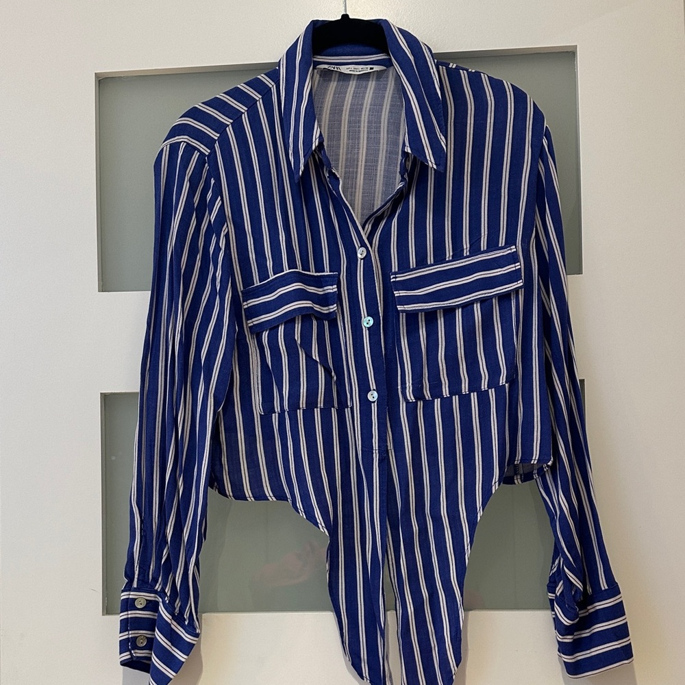 Blue and White Striped Button-Up Crop Tie-up Shirt